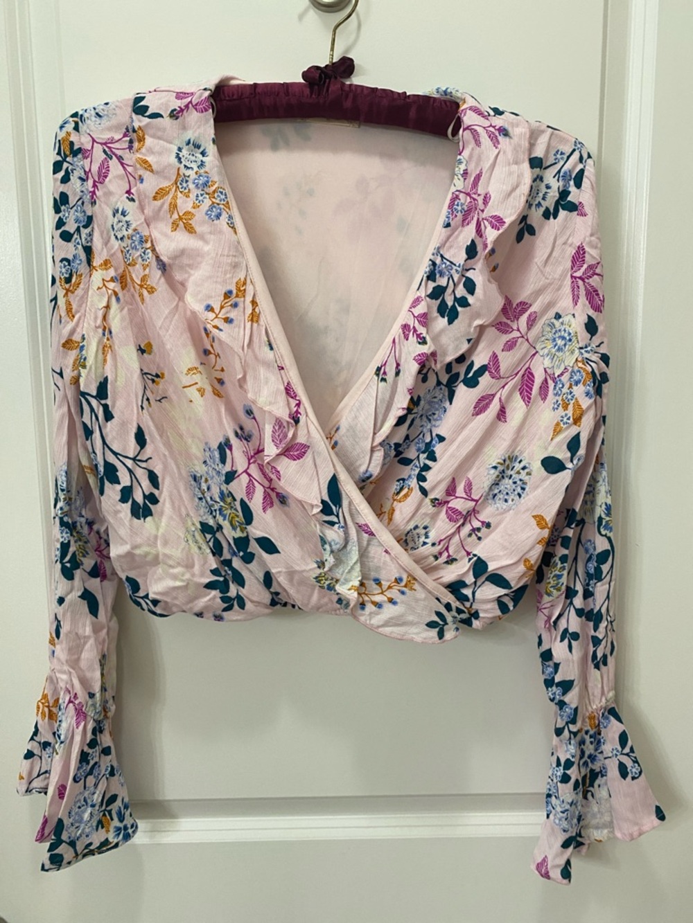 Altar'd State Light Pink Floral Wrap Top with Ruffles